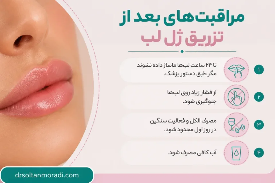 نمای توضیحی درباره مراقبتهای بعد از تزریق ژل لب